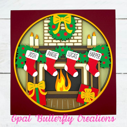 Christmas Mantle with Personalized Stockings 3D Layered Shadow Box