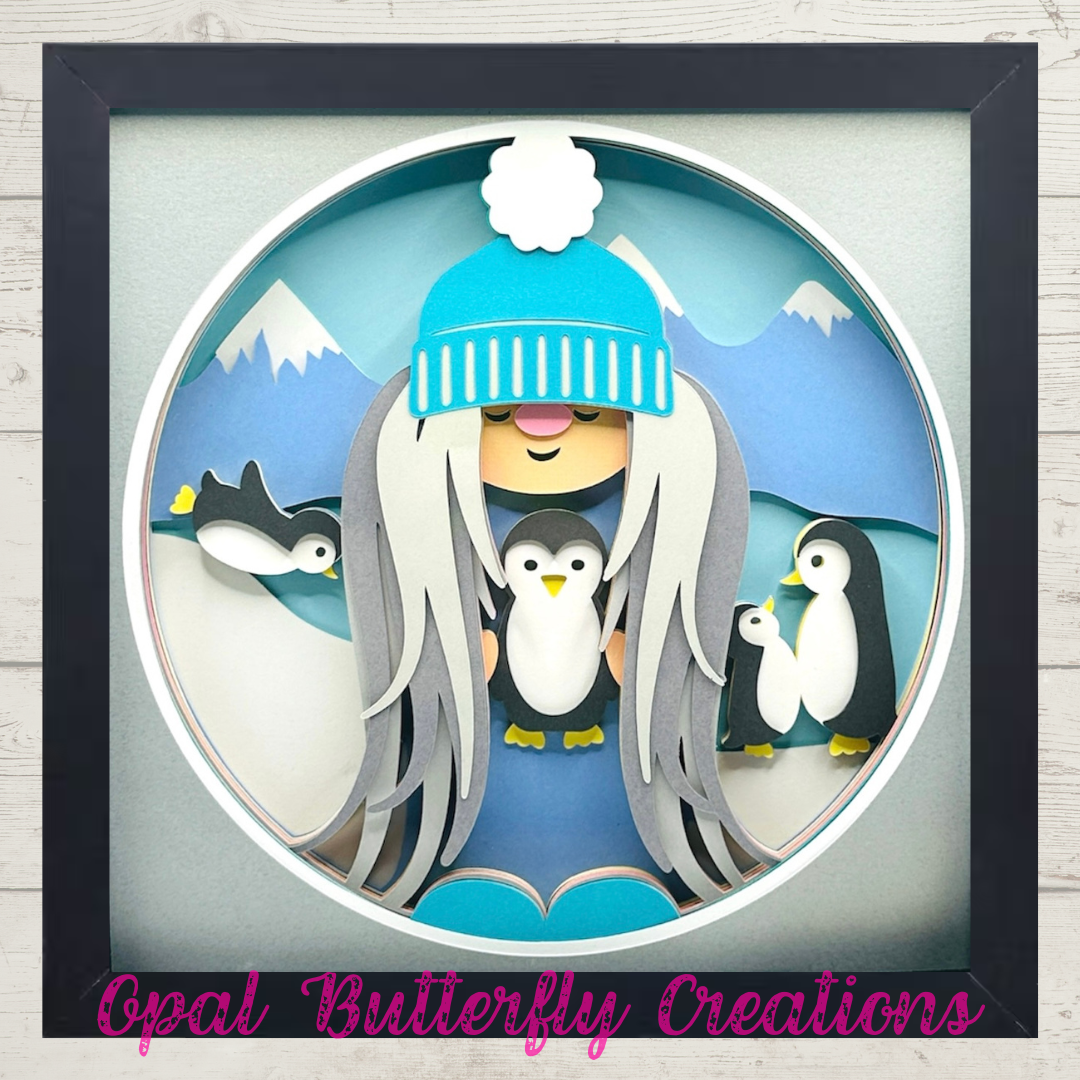 Winter Gnome Girl with Penguins 3D Layered Shadow Box