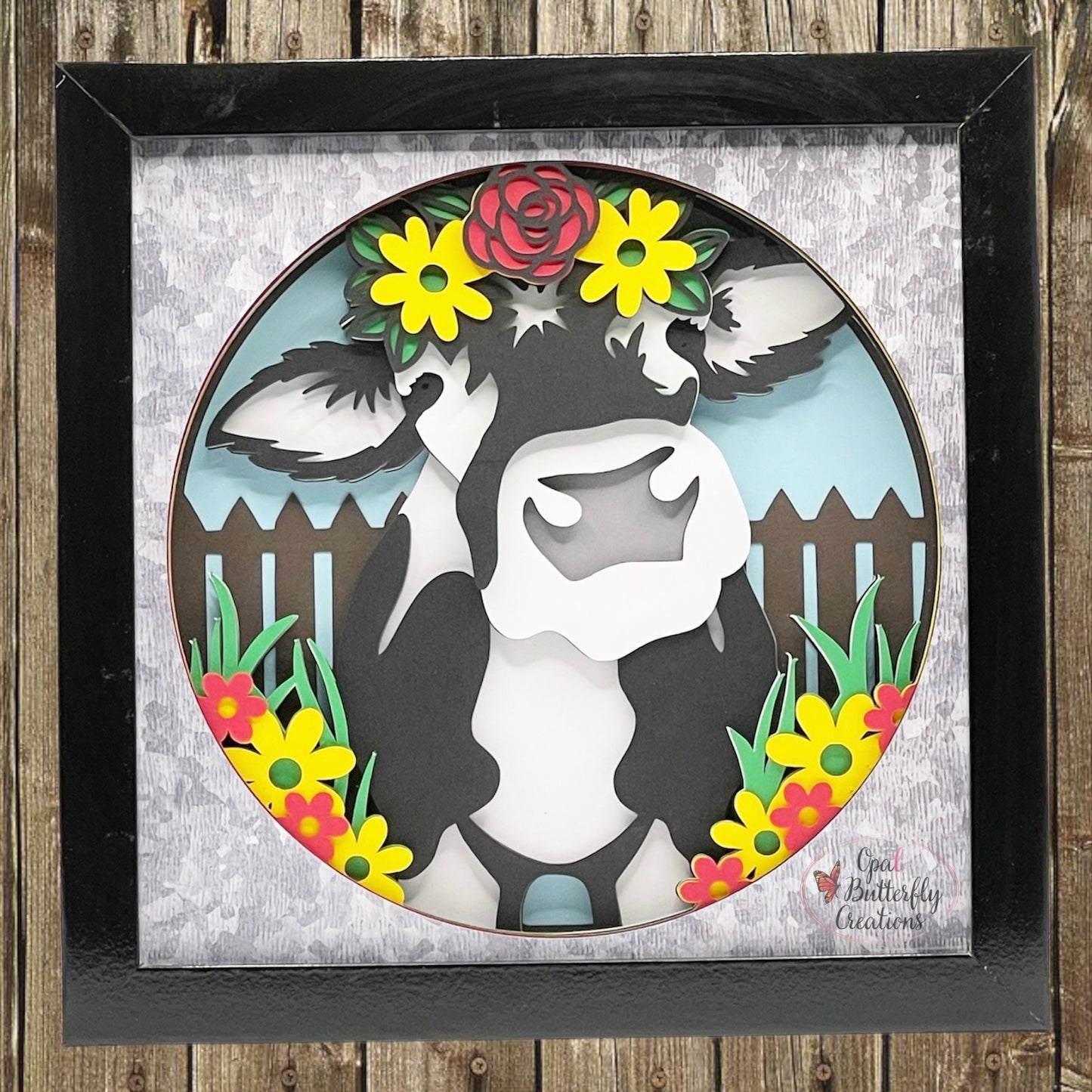 Cow Floral 3D Layered Shadow Box